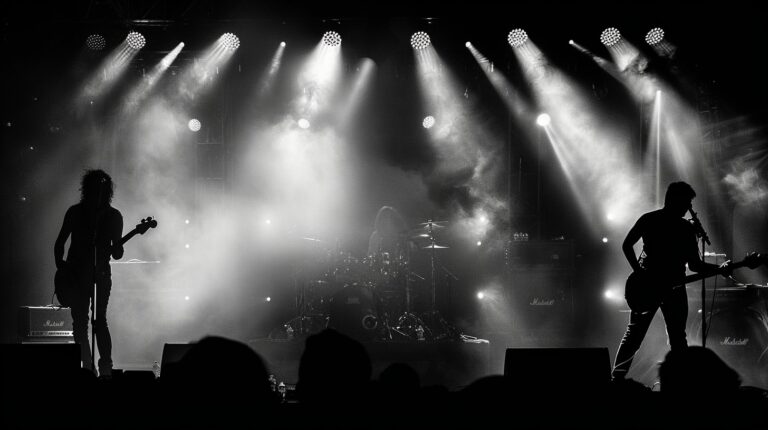 Rock concert, black and white, lighting effects, marshall equipment for rock tour